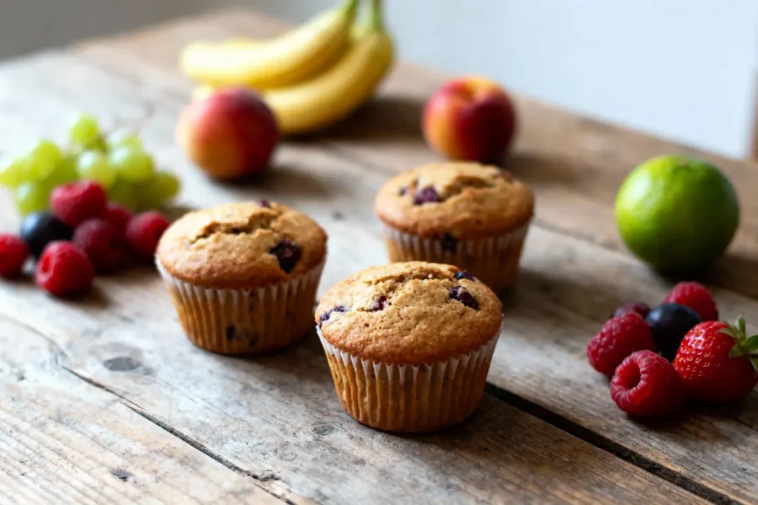 Trois muffins aux fruits sur table en bois, entourés de framboises, fraises, bananes, pommes, raisins.