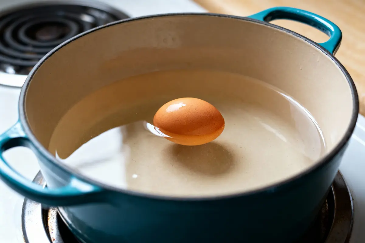 Œuf brun flottant dans une casserole d'eau sur une cuisinière.