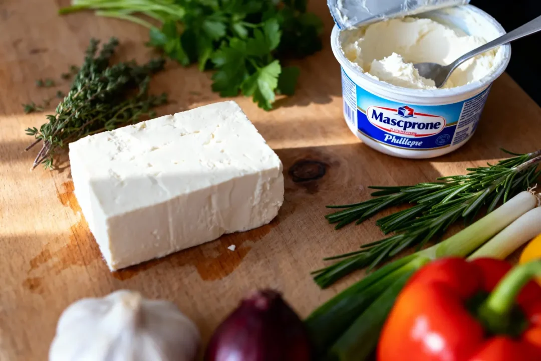 Bloc blanc, mascarpone, herbes fraîches, ail, oignon rouge, poivron et ciboule sur planche en bois.
