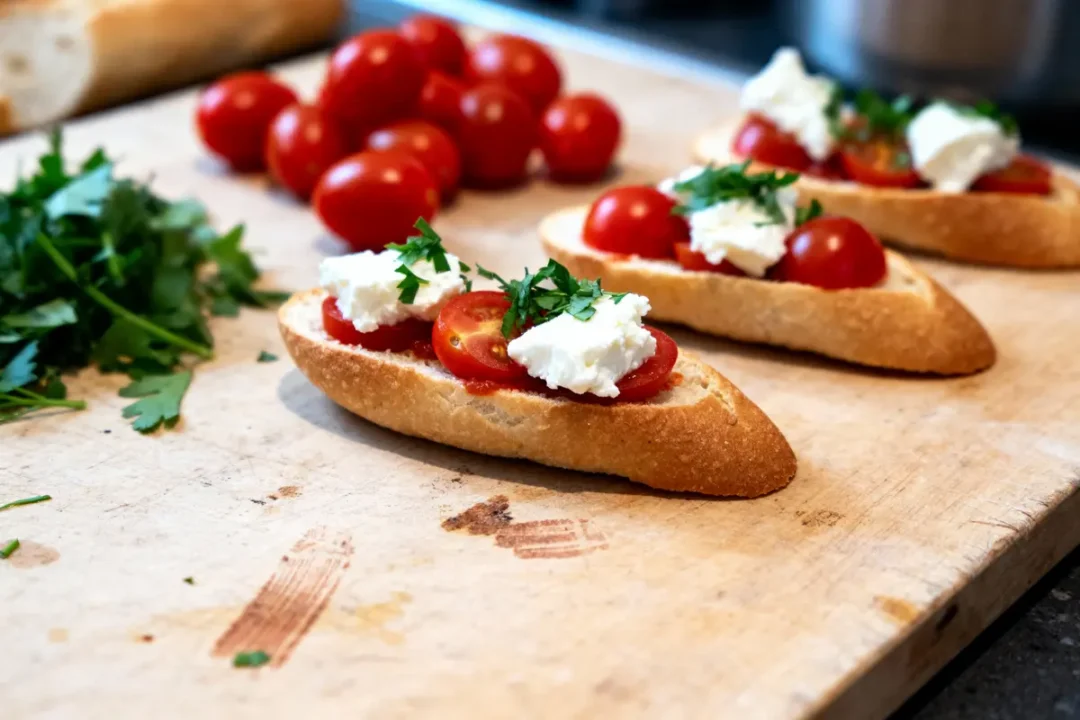 Tranches de baguette garnies de tomates cerises, fromage et persil sur une planche en bois.