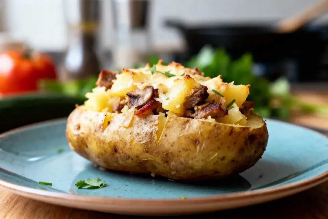 Pomme de terre farcie avec champignons et bacon sur assiette bleue, garnie de ciboulette.