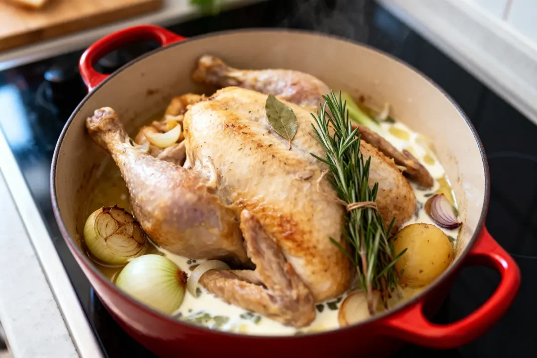 Poulet rôti entier dans une cocotte rouge, avec oignons, pommes de terre, herbes aromatiques, et sauce crémeuse.
