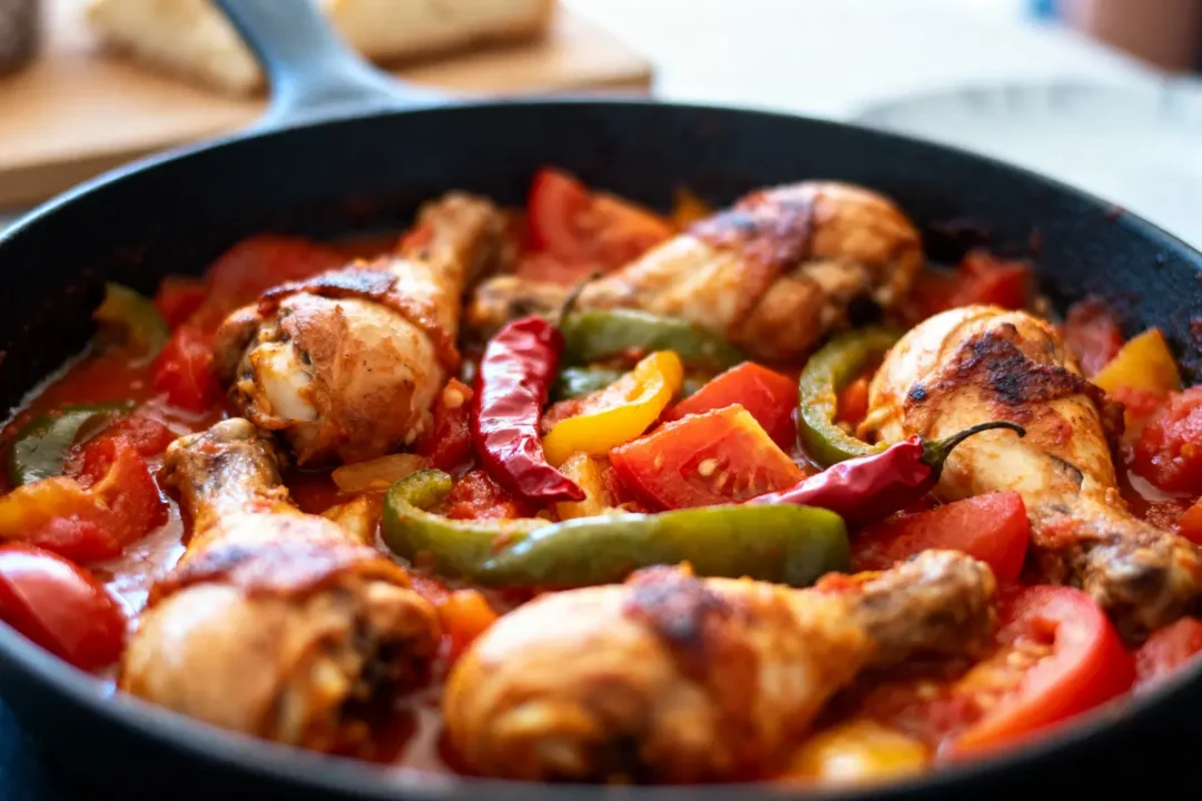 Poulet mijoté aux légumes colorés et piments dans une poêle en fonte. Plat chaleureux et appétissant.