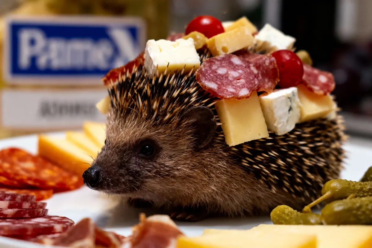Hérisson avec charcuterie et fromage sur le dos, servi sur une assiette avec cornichons et fromage.