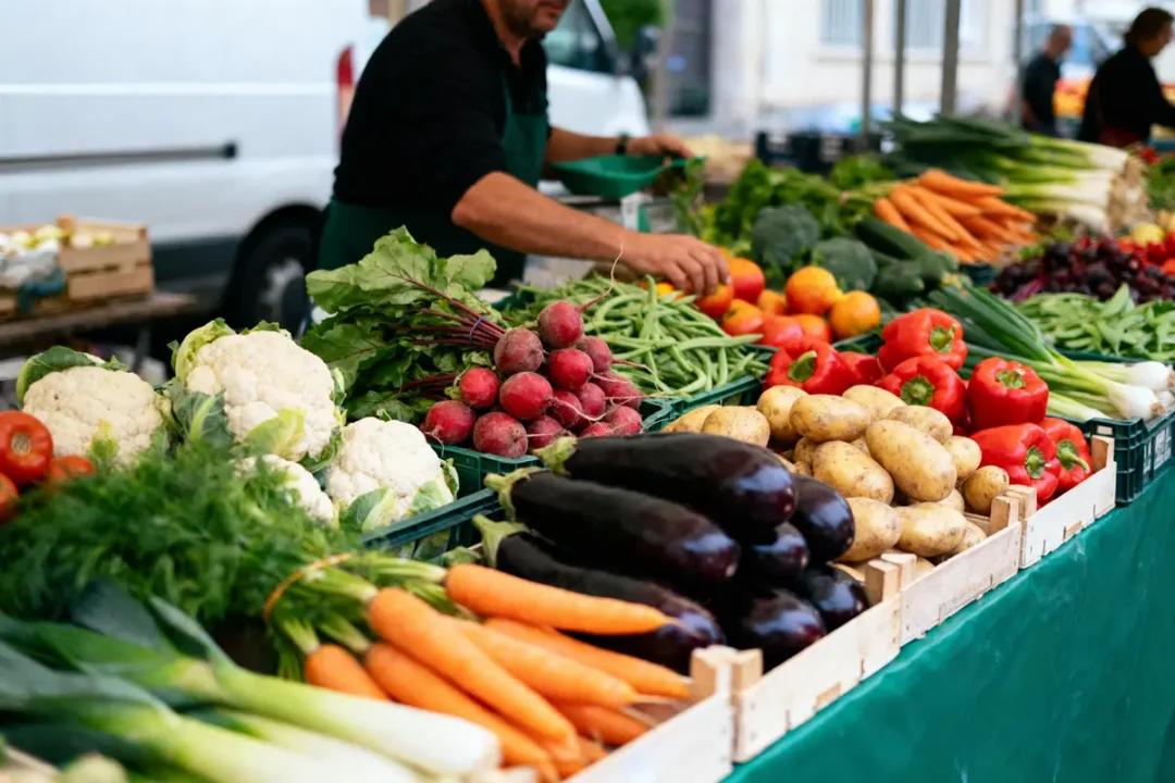 Étal de marché avec légumes variés : carottes, aubergines, pommes de terre, radis, choux-fleurs, poivrons, haricots verts.