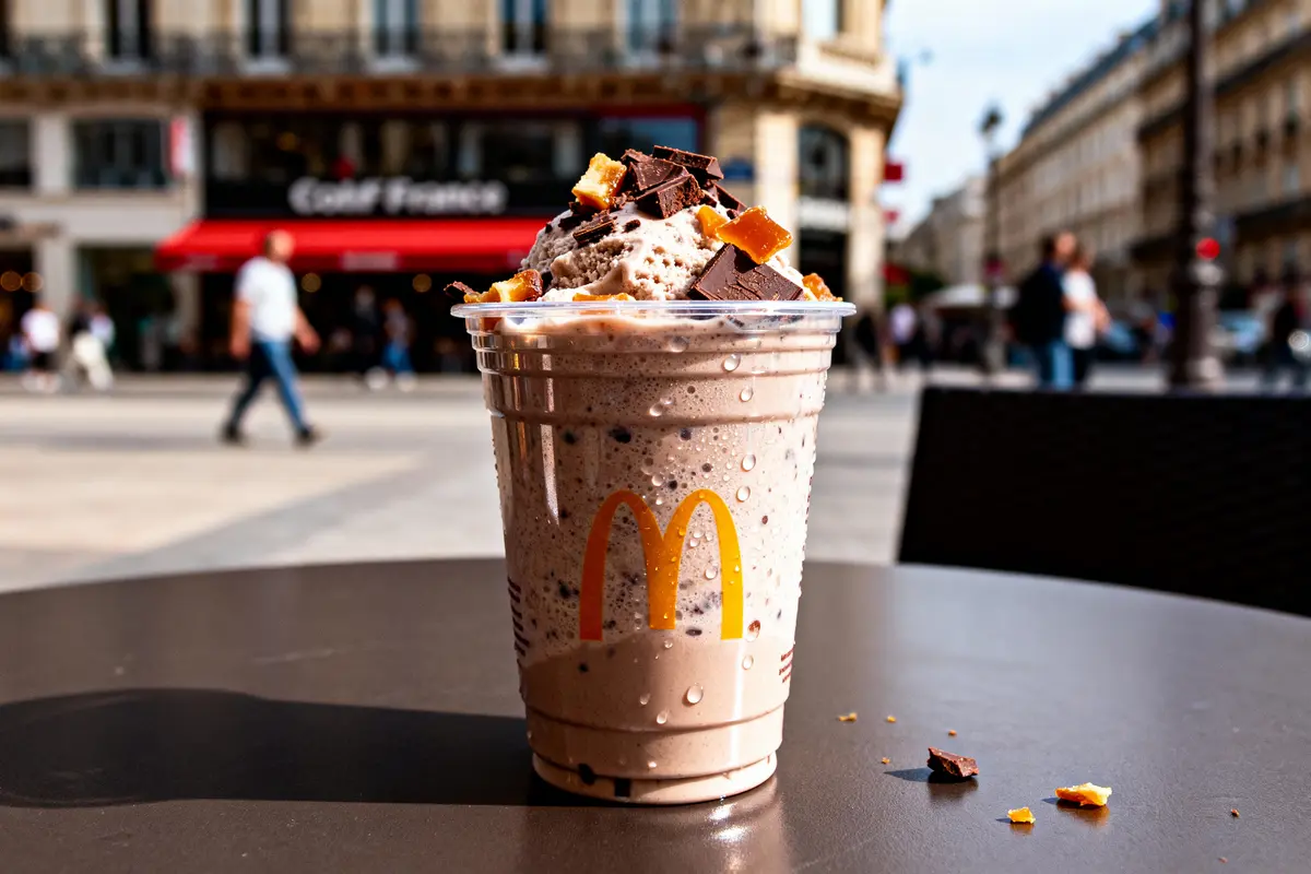 Boisson glacée McDonald's avec chocolat sur table extérieure, rue animée en arrière-plan.