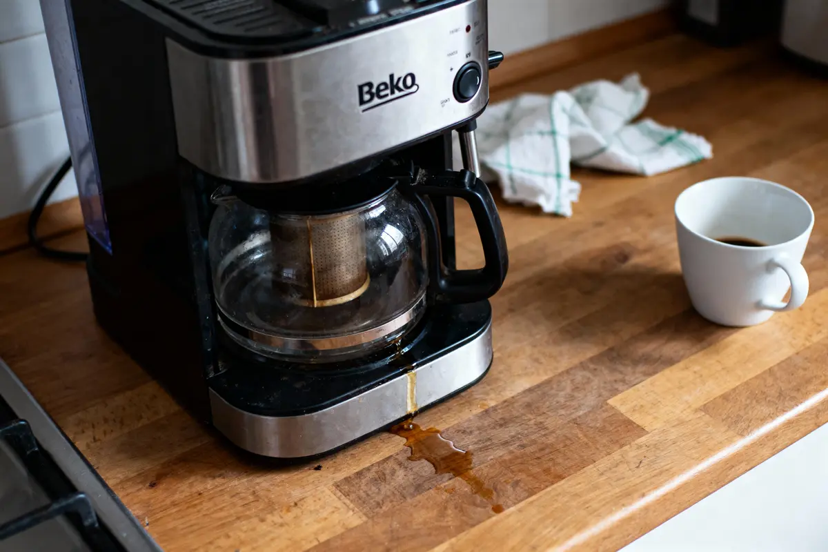 Cafetière en métal, débordement sur comptoir en bois, tasse de café à côté, chiffon en arrière-plan.