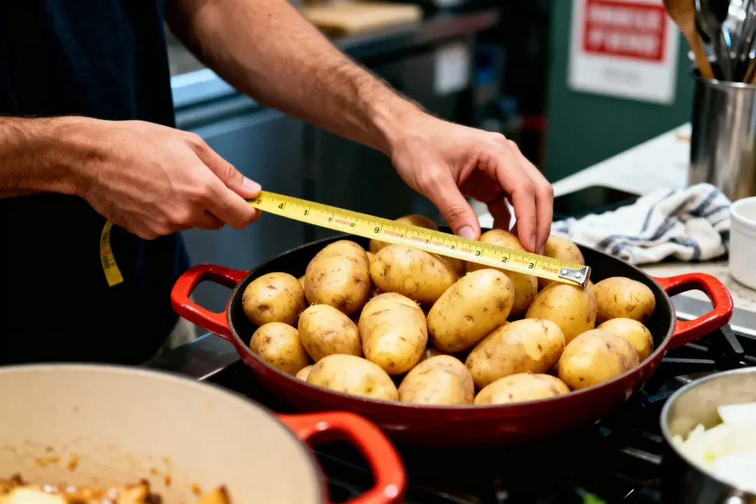 Main mesurant pommes de terre dans un plat avec un ruban à mesurer jaune, cuisine en arrière-plan.
