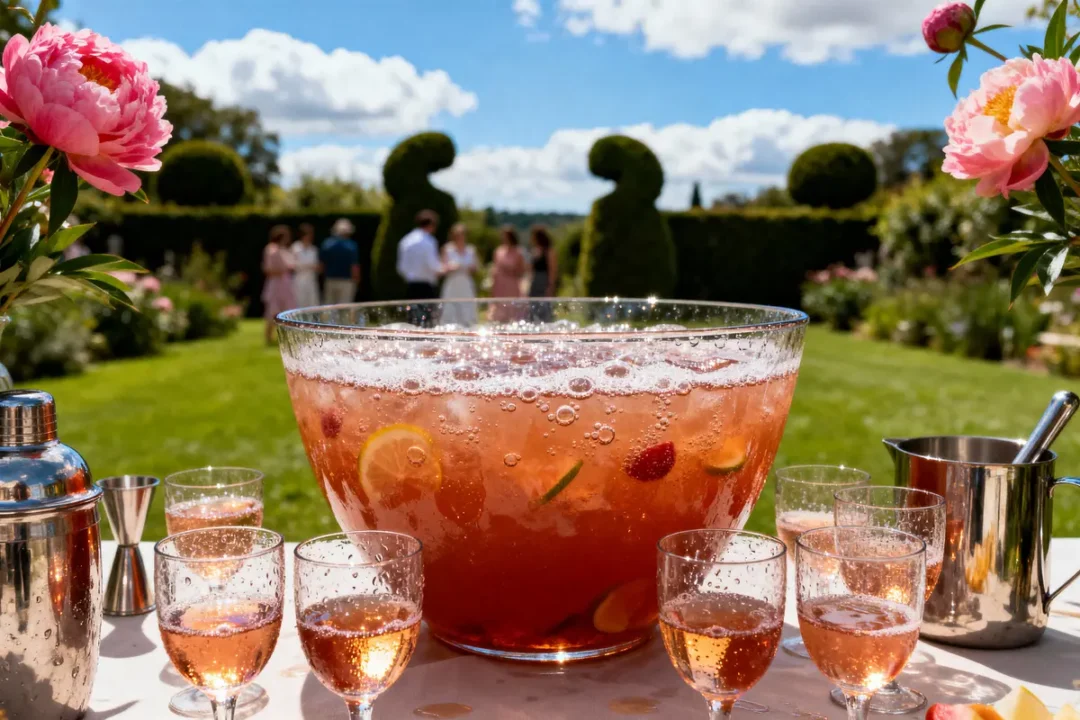 Bol de punch rose avec fruits, verres autour, pelouse en arrière-plan, et bouquet de fleurs roses.