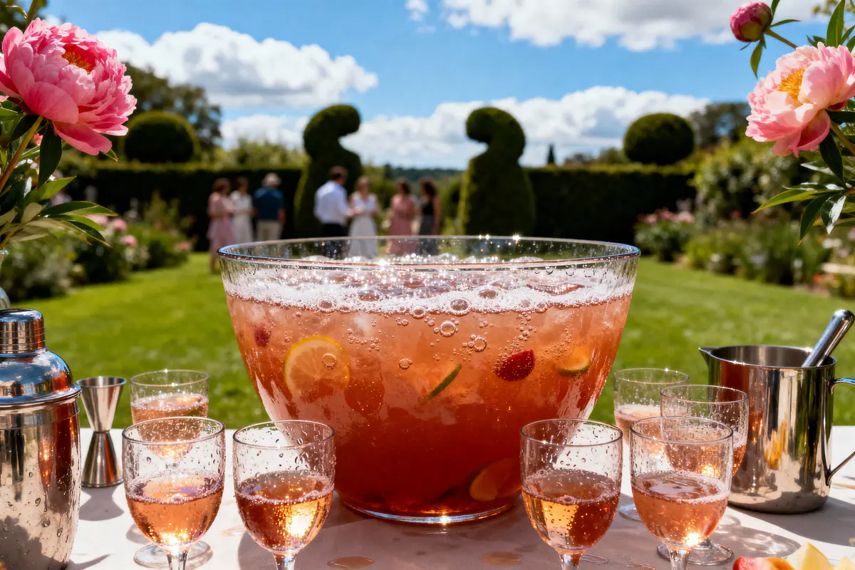Bol de punch rose avec fruits, verres autour, pelouse en arriĂšre-plan, et bouquet de fleurs roses.