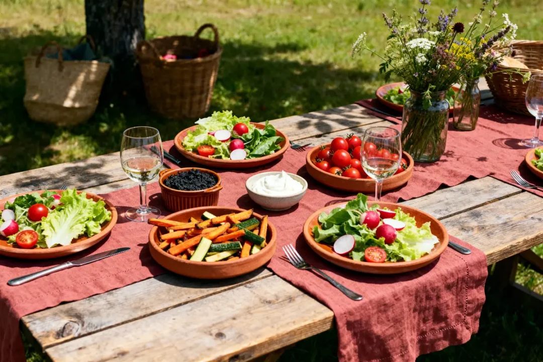 Table en bois avec salades, légumes, vin blanc, et fleurs sauvages, pique-nique en plein air.