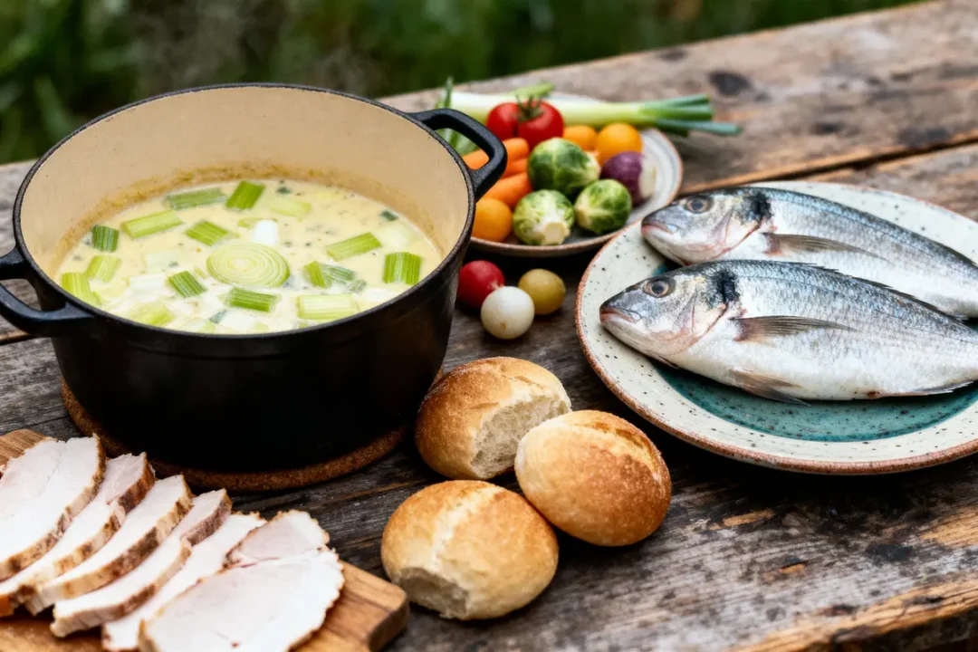 Soupe aux poireaux, poissons, légumes, pain et viande tranchée sur table en bois extérieure.