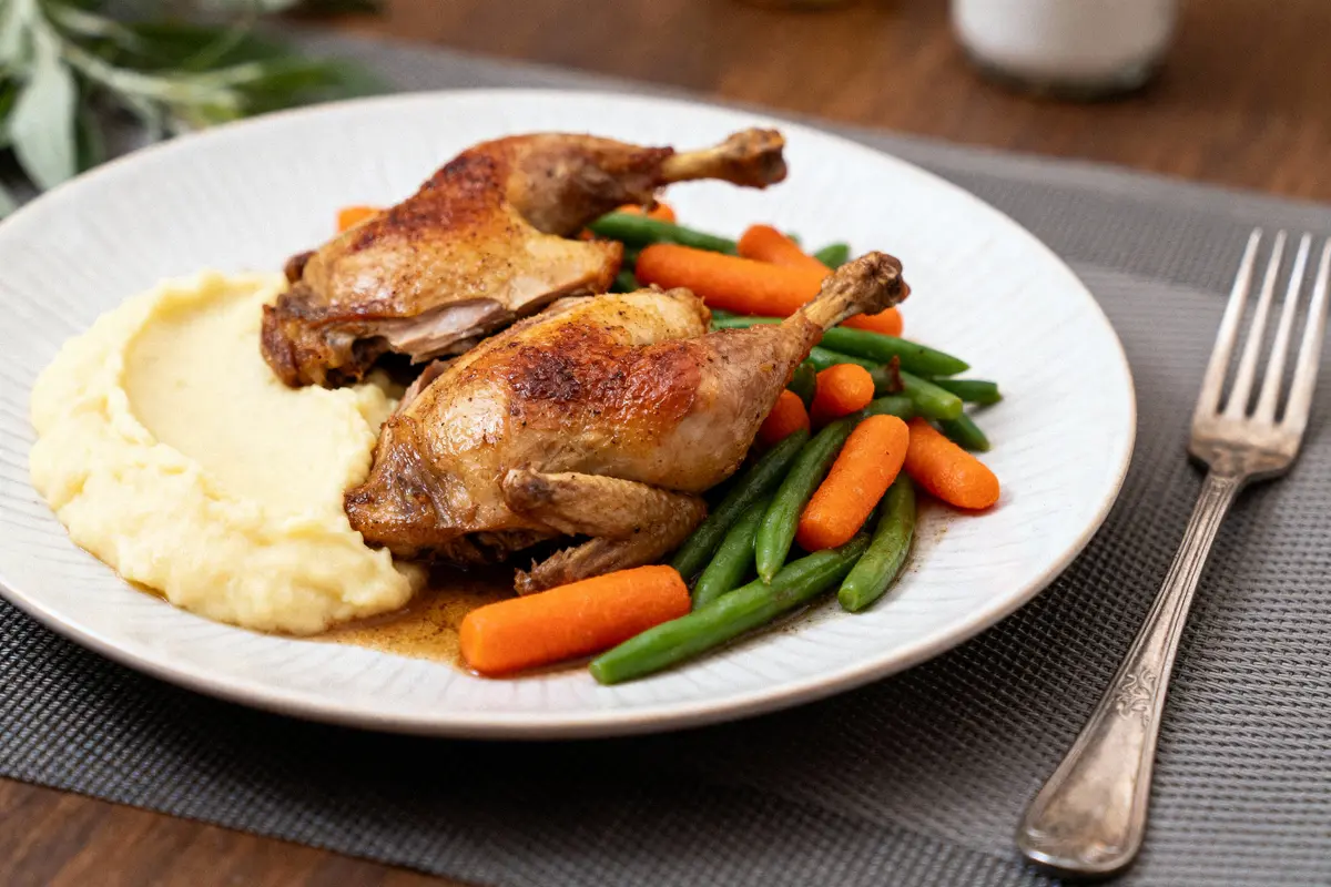 Assiette avec cailles rôties, purée de pommes de terre, haricots verts et carottes, sur table avec fourchette.