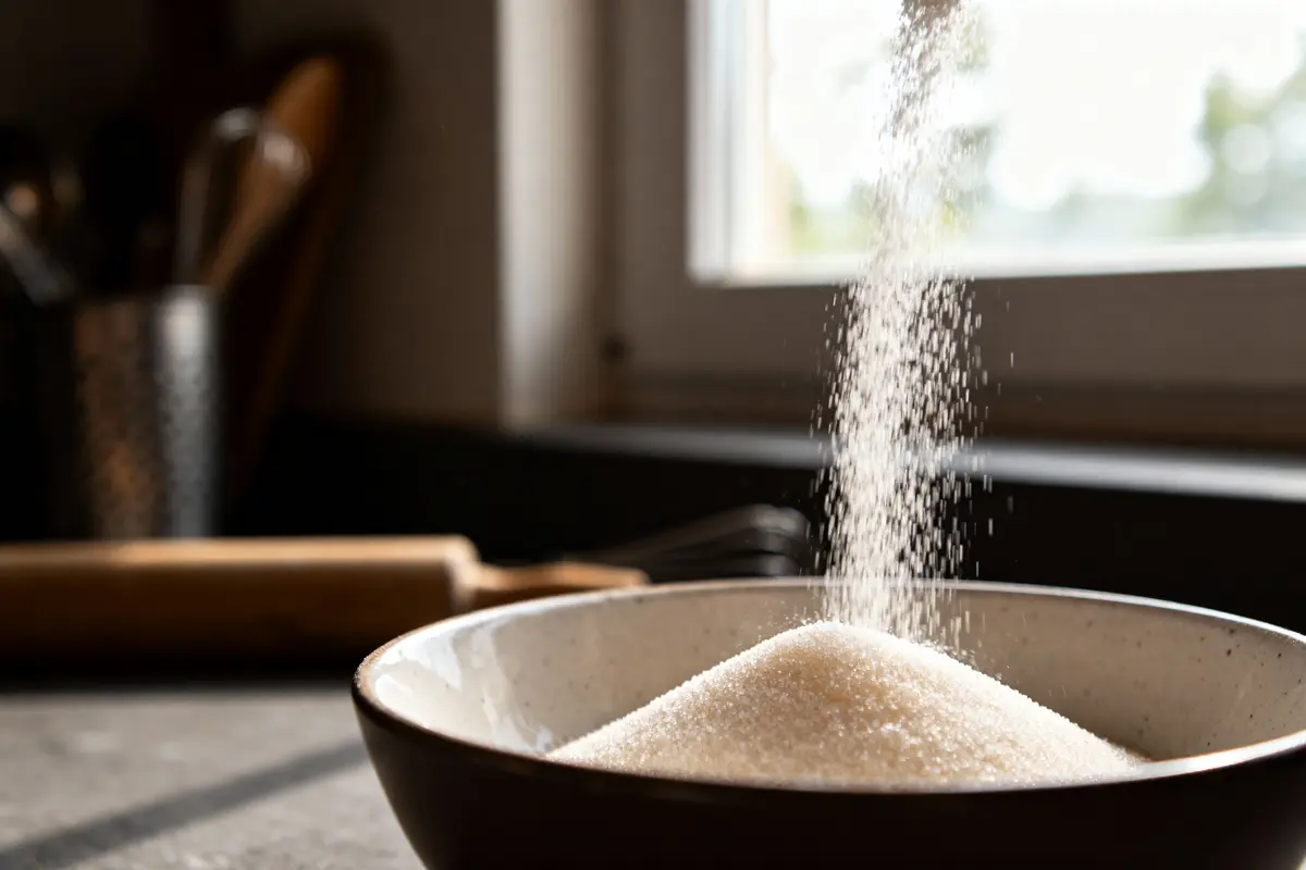 Sucre blanc versé dans un bol en cuisine, lumière naturelle par la fenêtre.