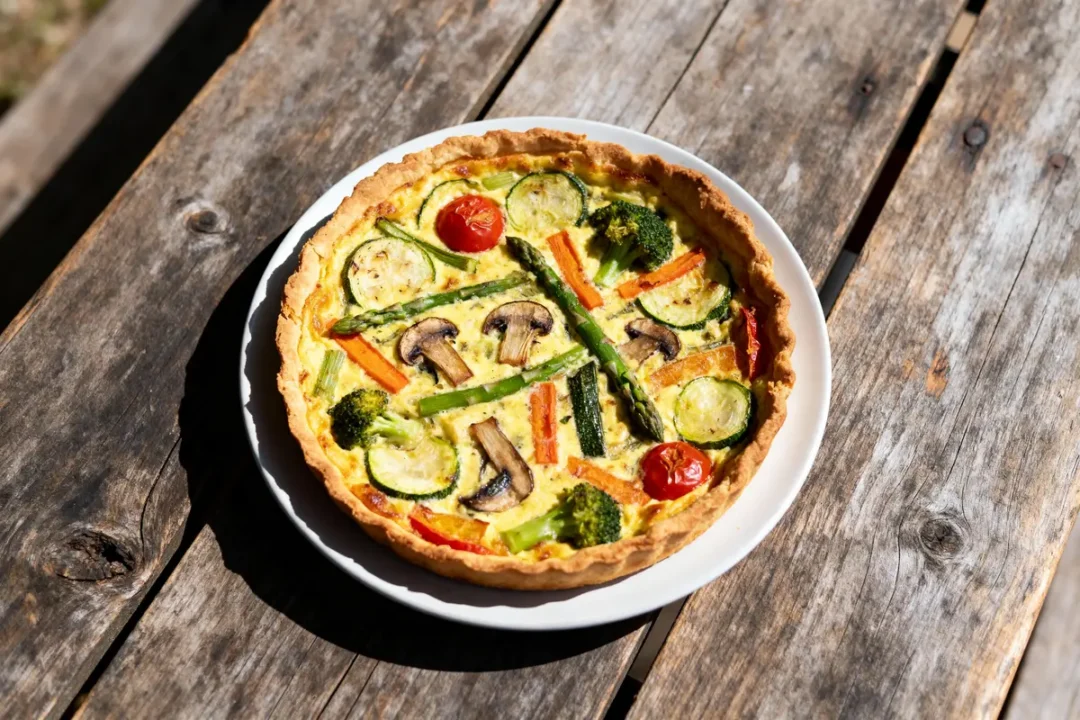 Quiche aux légumes variés sur assiette blanche, posée sur une table en bois. Légumes : champignons, tomates, courgettes.