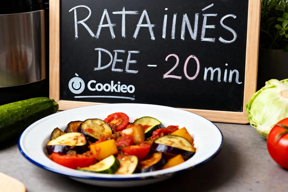 Assiette de ratatouille devant un tableau indiquant "RATATINÉS DEE - 20 min", avec légumes environnants.