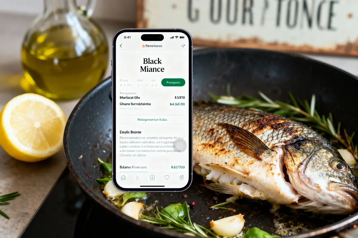 Smartphone affichant une application sur fond de poisson grillé dans poêle avec herbes, citron et huile.