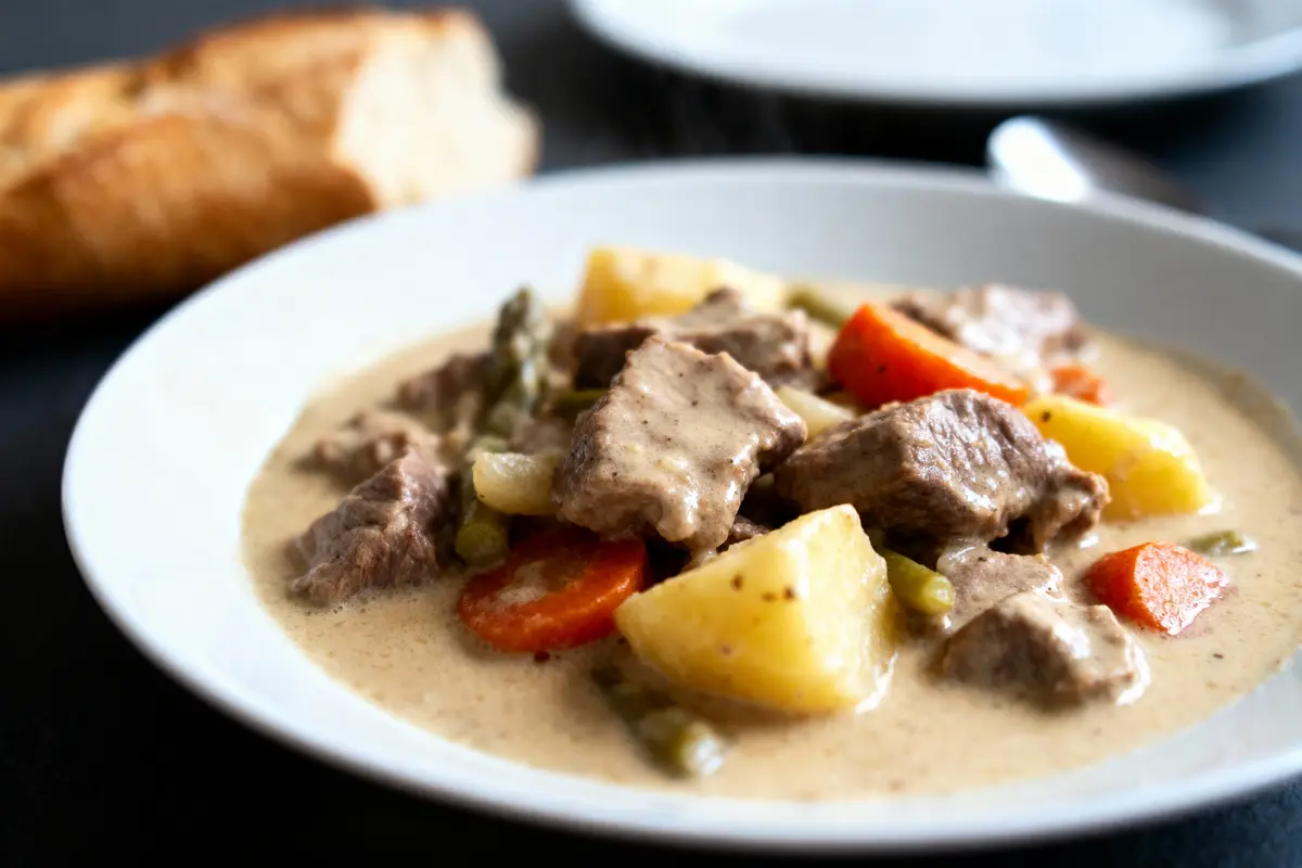Assiette de ragoût avec morceaux de viande, pommes de terre, carottes et sauce crémeuse, baguette en arrière-plan.