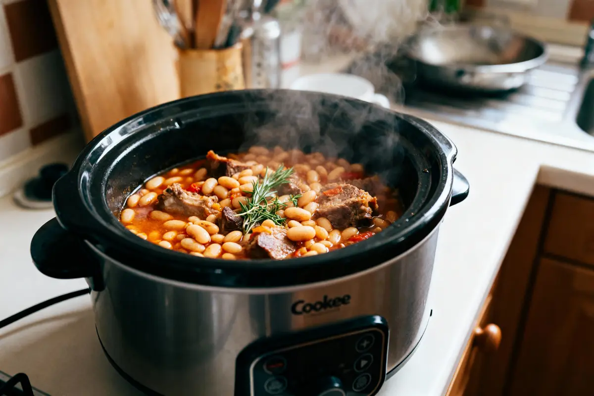 Plat mijoté dans une mijoteuse avec haricots, viande, sauce tomate, herbes, sur plan de cuisine.