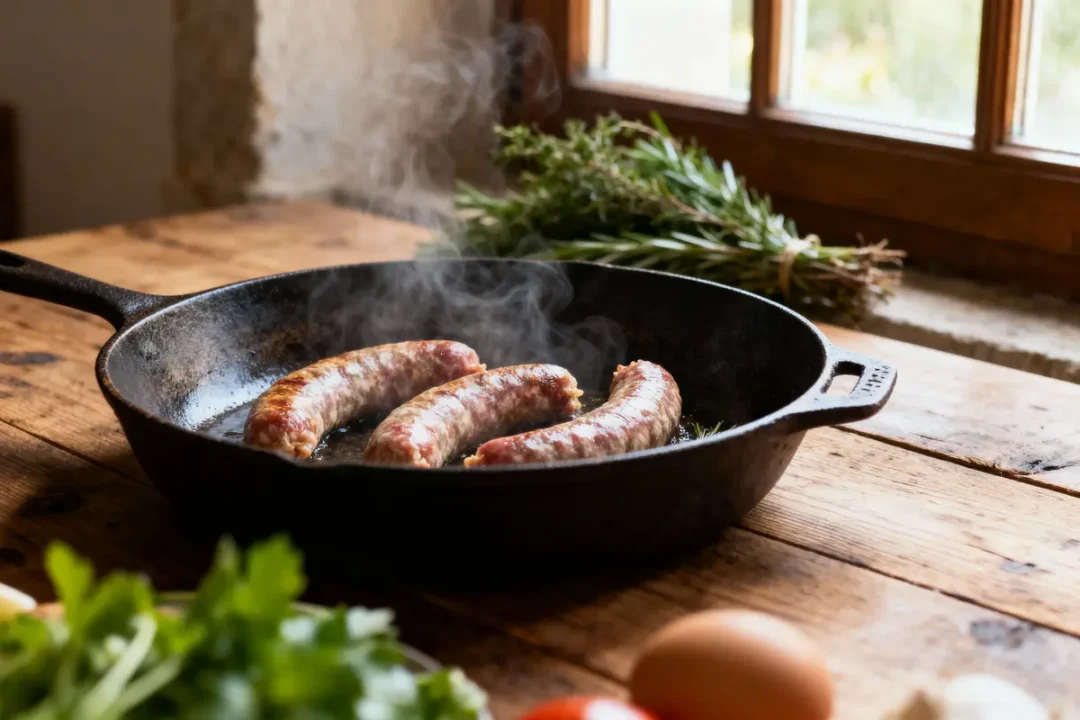 Saucisses grillées dans une poêle en fonte sur table en bois, herbes fraîches en arrière-plan.