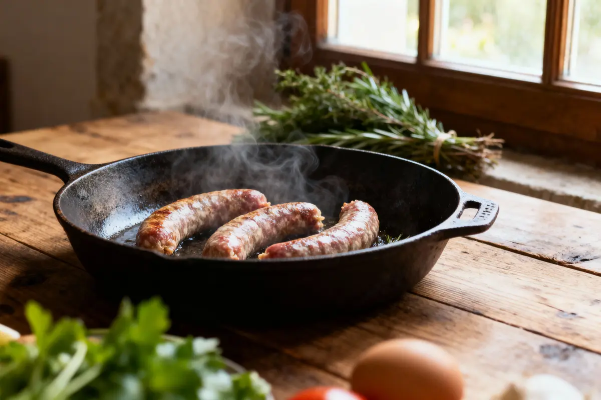 Saucisses grillées dans une poêle en fonte sur table en bois, herbes fraîches en arrière-plan.