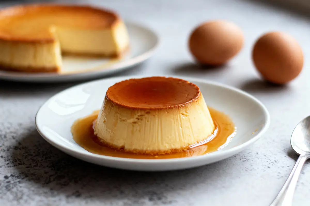 Crème caramel sur assiette blanche, avec œufs et cuillère en arrière-plan, éclairage doux.
