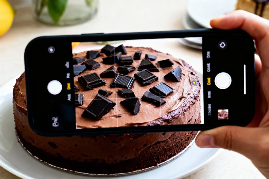 Gâteau au chocolat avec pépites, photographié par un smartphone sur une assiette blanche.