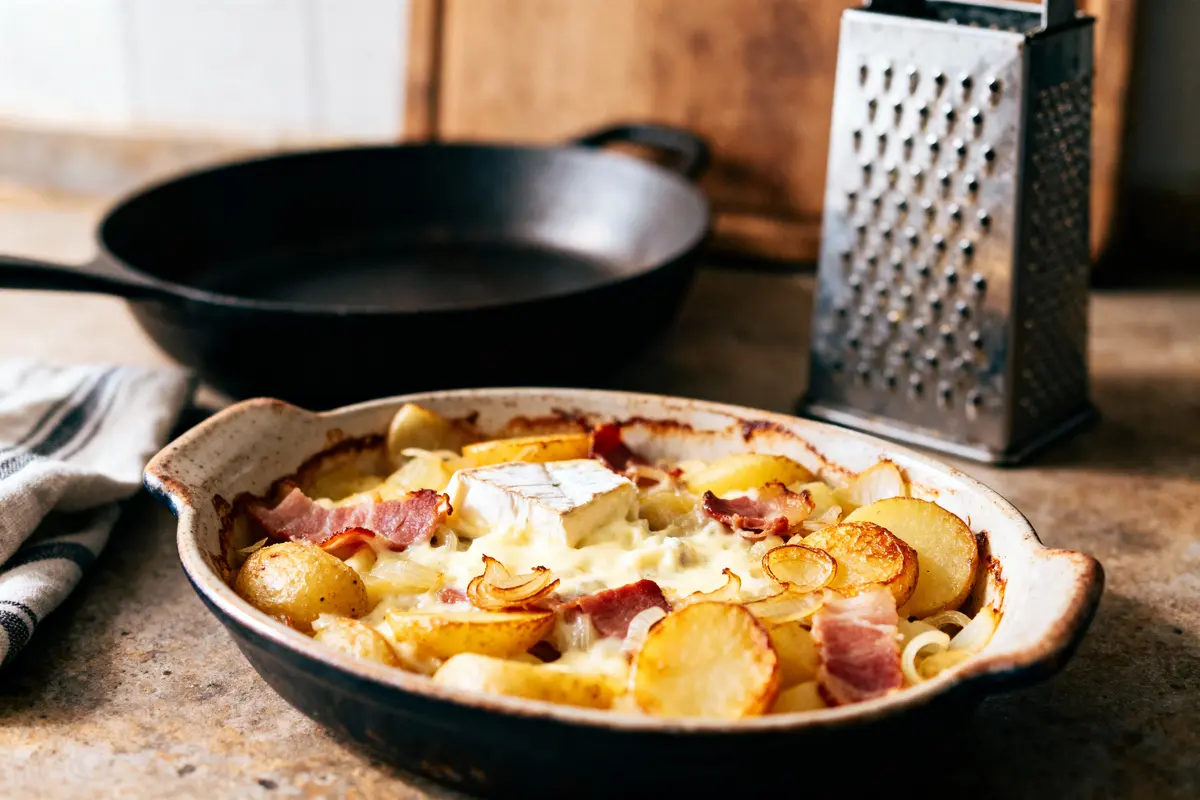Plat de tartiflette avec fromage, lardons et pommes de terre, proche d'une poêle et d'une râpe.
