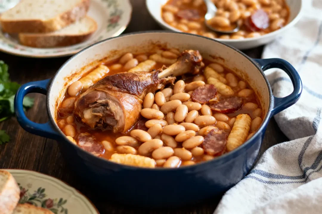 Cassoulet dans une cocotte bleue avec haricots, saucisse, viande, croûtons et rougail en arrière-plan.