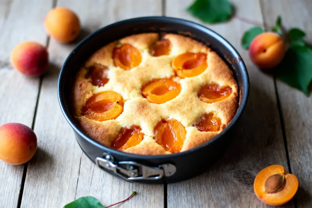 Gâteau aux abricots dans un moule noir, décoré d'abricots frais, sur une table en bois.