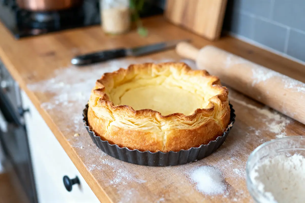 Tarte cuite dans un moule noir sur un plan de travail en bois fariné, rouleau à pâtisserie.
