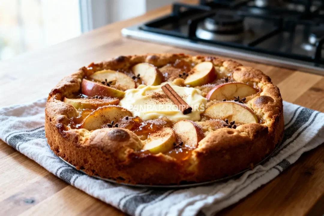 Gâteau aux pommes garni de tranches de pomme, sucre, cannelle, crème, sur un plan de travail en bois.