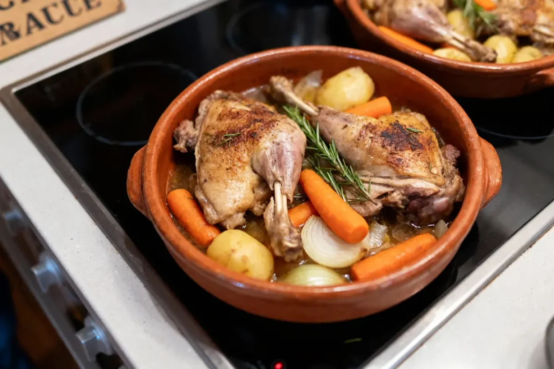 Plat de cuisse de canard rôti avec carottes, pommes de terre, oignons et romarin dans un plat en terre cuite.