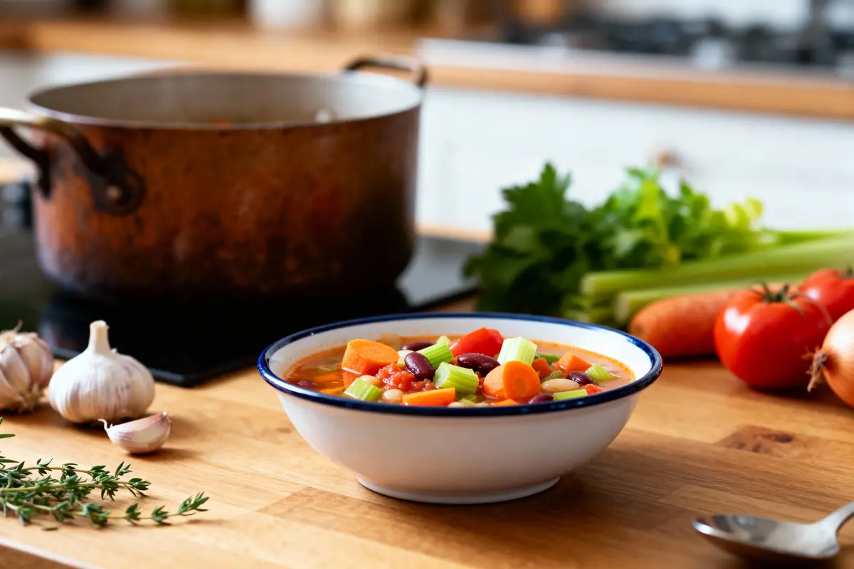 Bol de soupe aux légumes colorés sur une table de cuisine, avec ingrédients et marmite en arrière-plan.