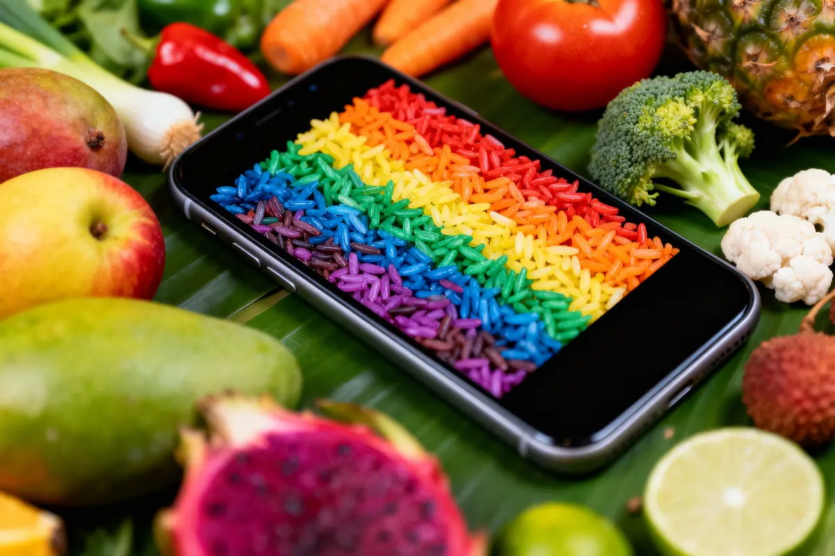 Smartphone avec écran de riz coloré arc-en-ciel entouré de fruits et légumes variés.