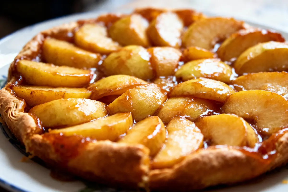 Tarte aux pommes caramélisées sur pâte dorée, vue rapprochée.