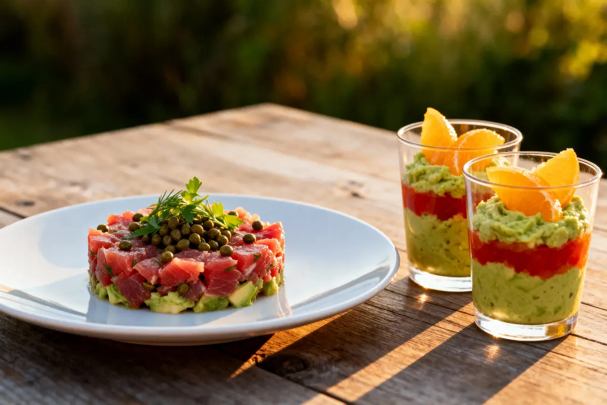 Assiette de tartare de thon avec câpres; deux verrines d'avocat et agrumes sur table en bois.