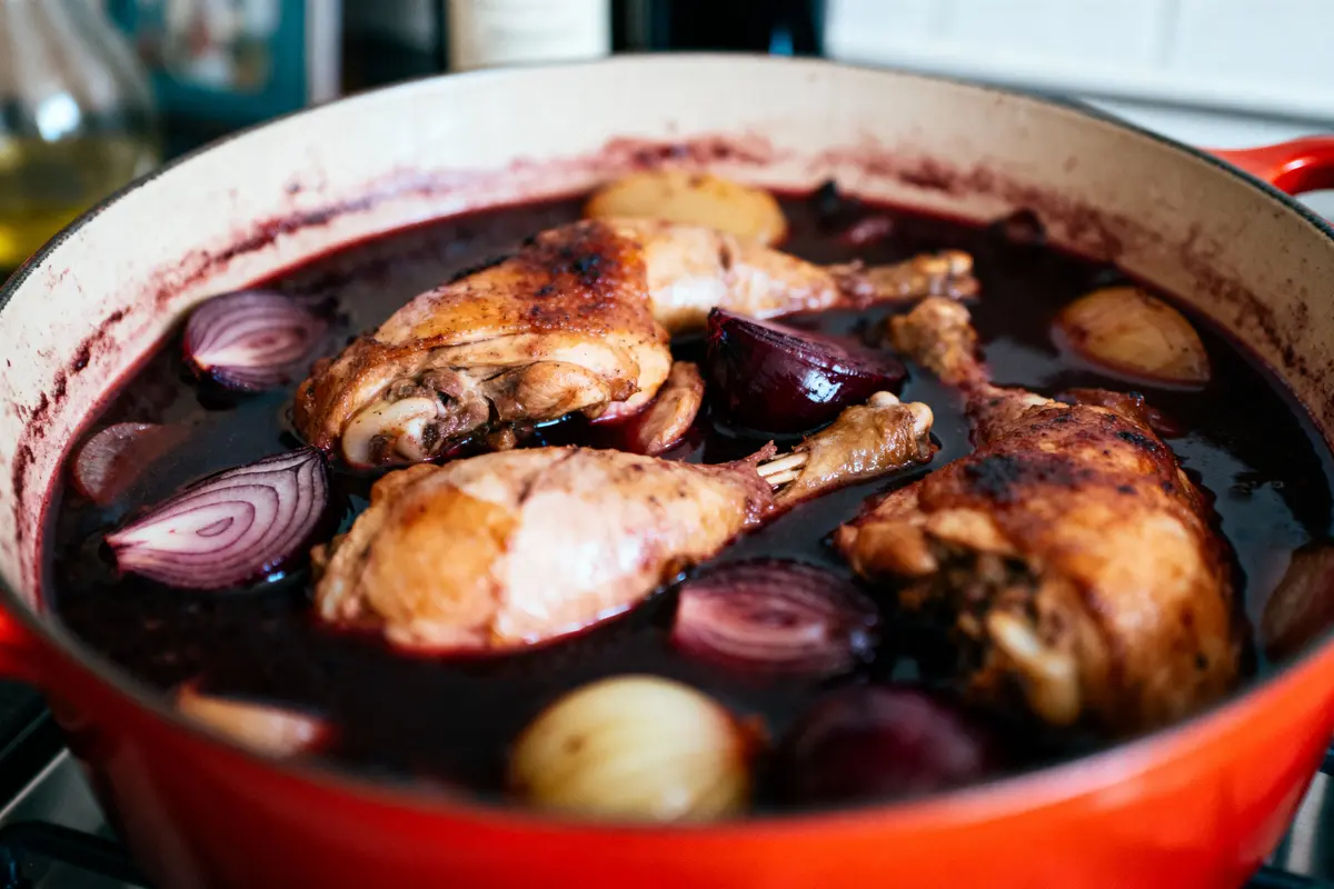 Plat de coq au vin avec morceaux de poulet et oignons dans une cocotte rouge.
