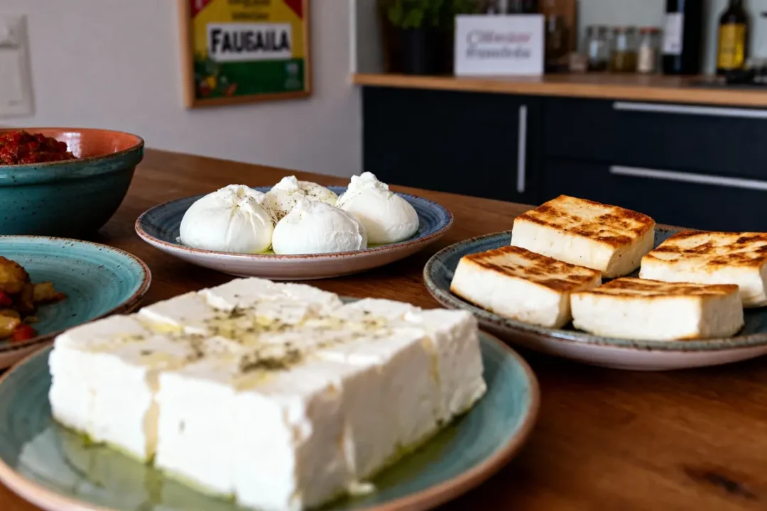 Assortiment de fromages variés sur des assiettes au restaurant, incluant feta, mozzarella et fromage grillé.
