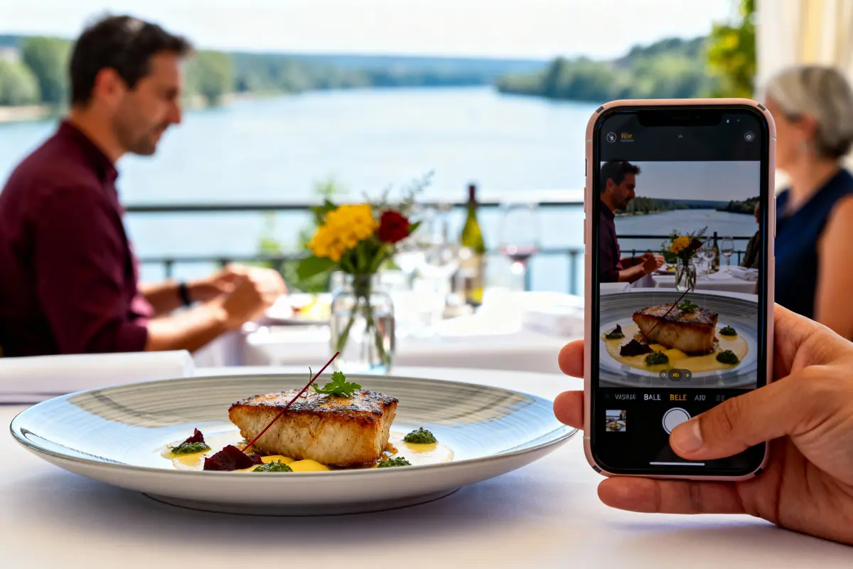Plat gastronomique photographié sur smartphone, table élégante, vue sur rivière, convives flous à l'arrière-plan, fleurs colorées.