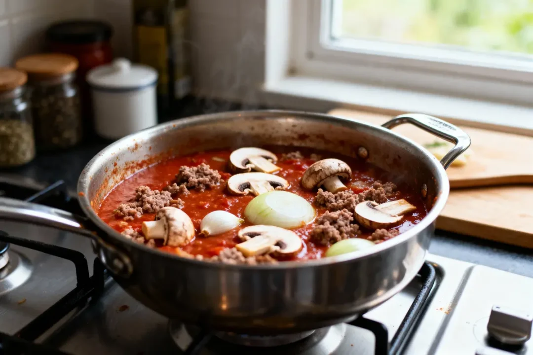 Poêle sur cuisinière contenant sauce tomate, champignons, oignons et viande hachée, près de la fenêtre de cuisine.