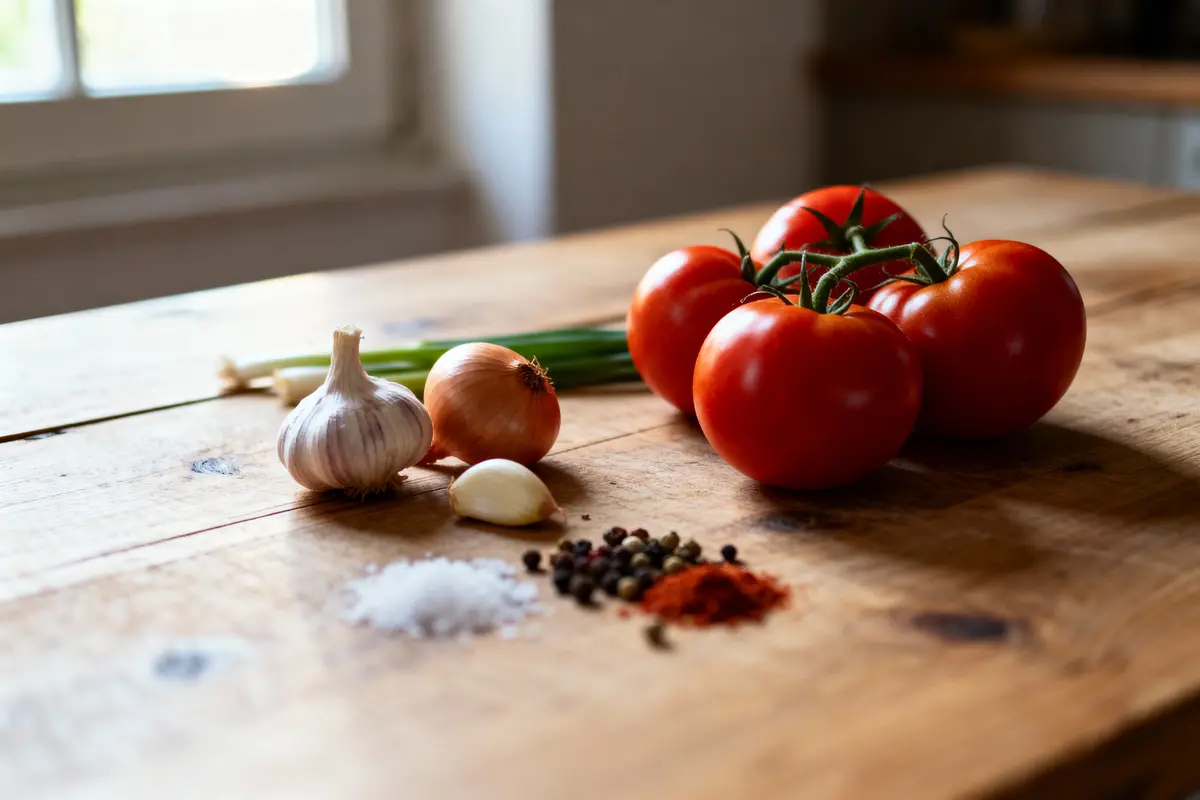 Tomates, ail, oignon, poivre, sel et épices sur une table en bois éclairée par une fenêtre.