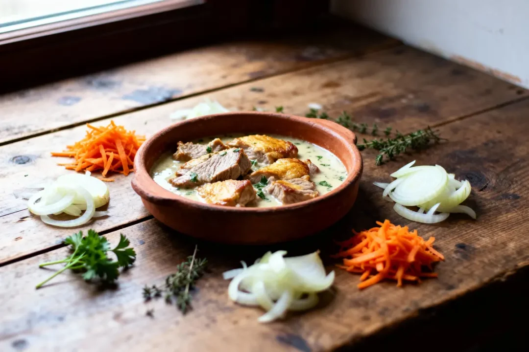 Assiette de viande en sauce avec légumes, située sur une table en bois près d'une fenêtre.