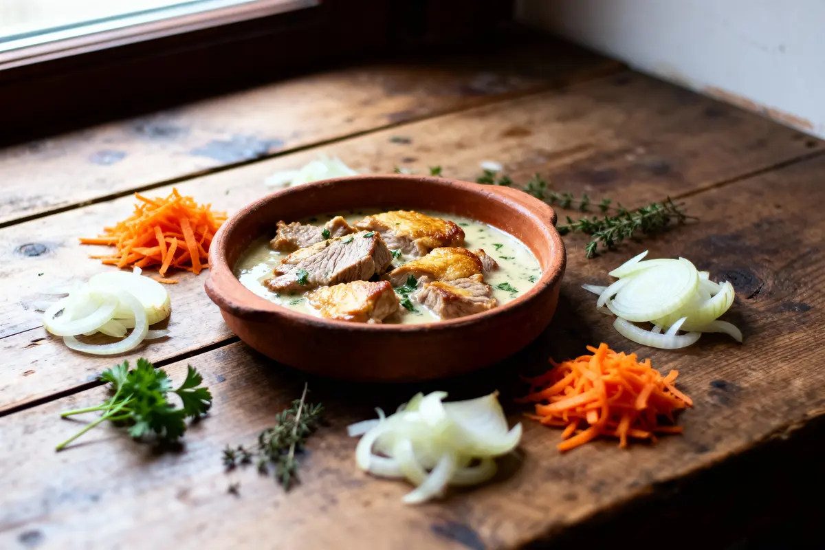 Assiette de viande en sauce avec légumes, située sur une table en bois près d'une fenêtre.