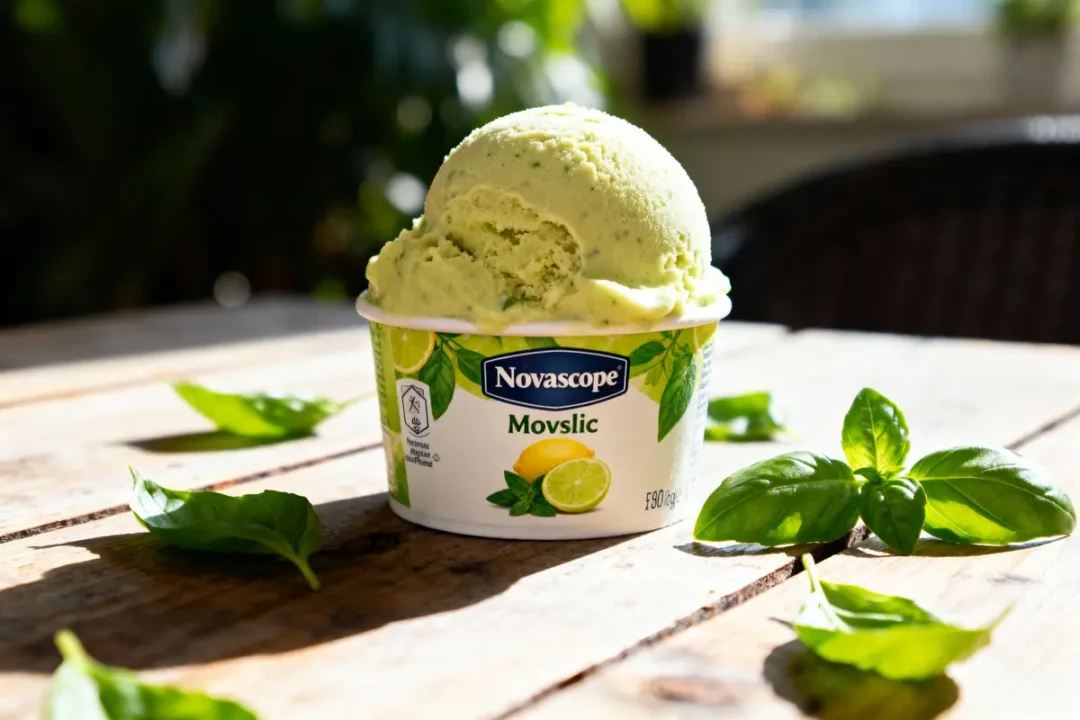 Crème glacée au citron vert dans un pot, entourée de feuilles de basilic sur une table en bois.