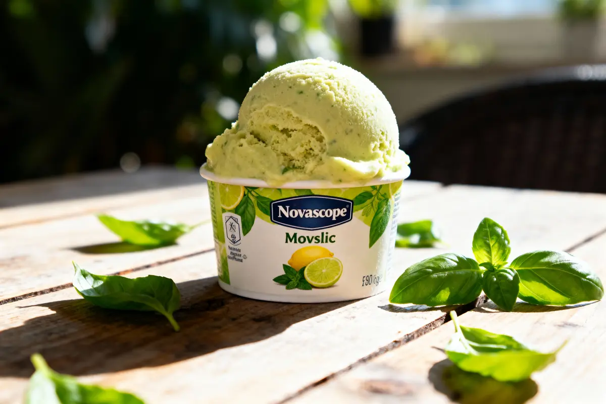 Crème glacée au citron vert dans un pot, entourée de feuilles de basilic sur une table en bois.
