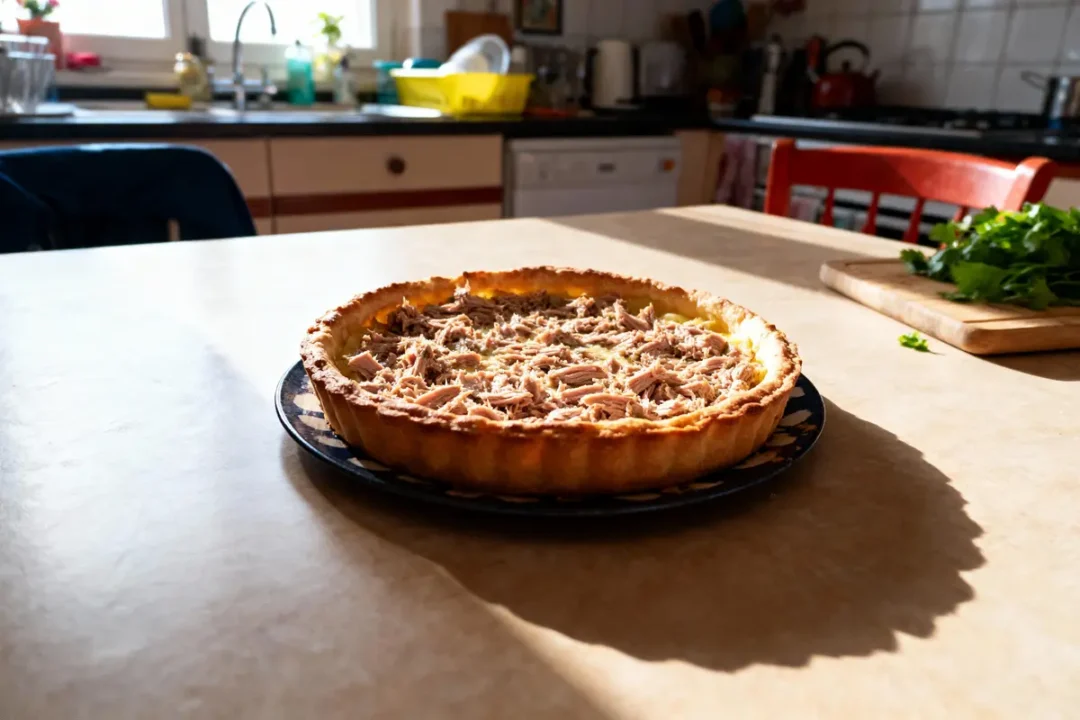 Quiche au thon sur table de cuisine ensoleillée avec planche garnie de persil.