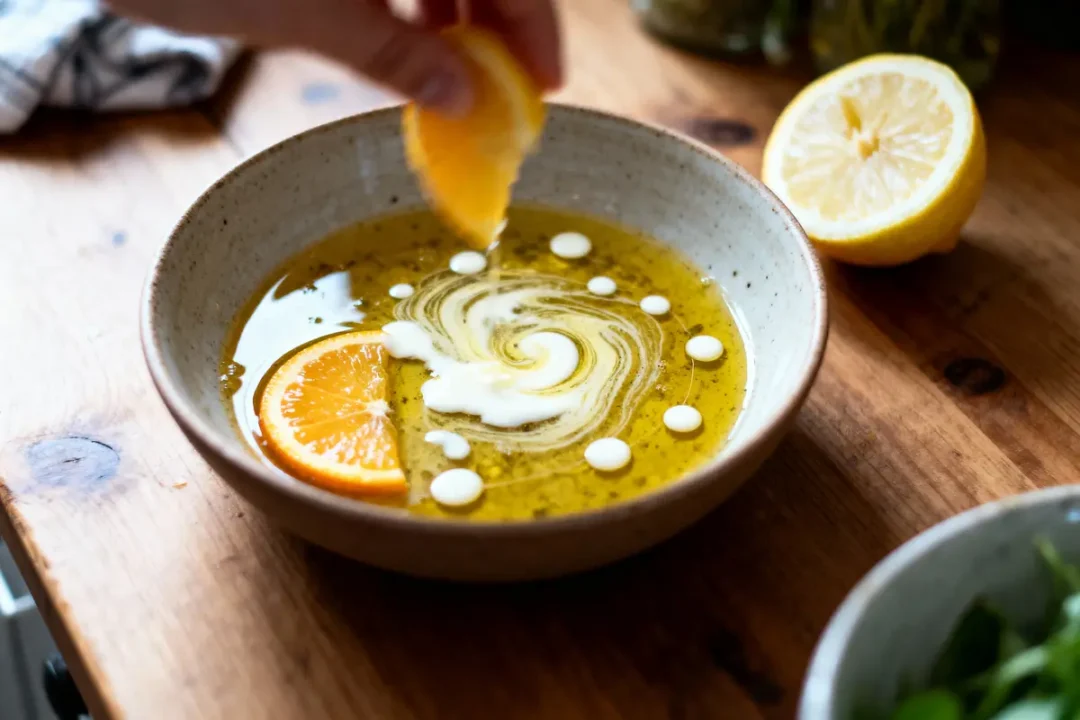 Bol de soupe avec rondelles d'orange, crème et citron sur table en bois. Personne presse un citron.
