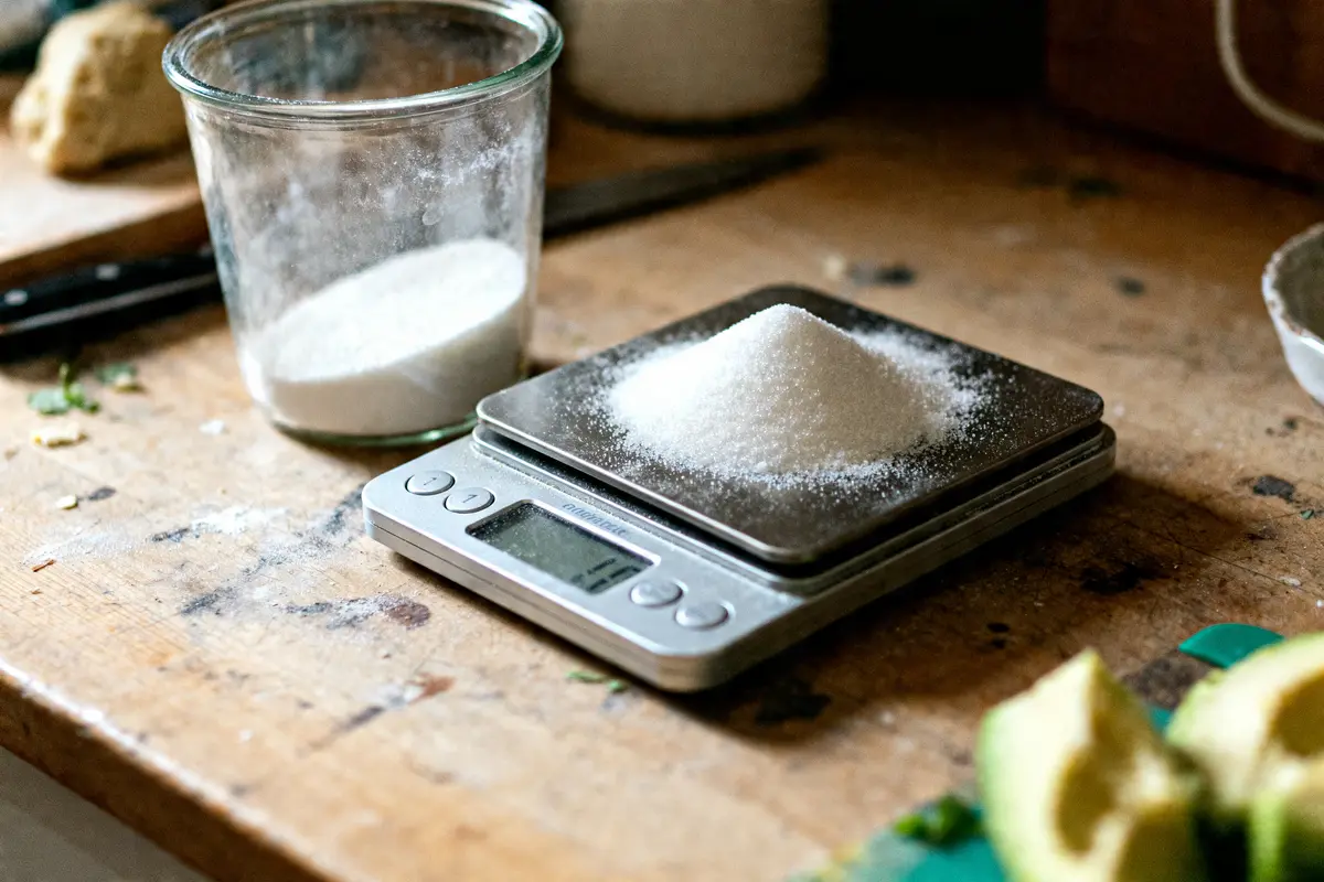 Balance pesant du sucre pour conversion gramme litre cuisinemoiunmouton sur plan de travail cuisine
