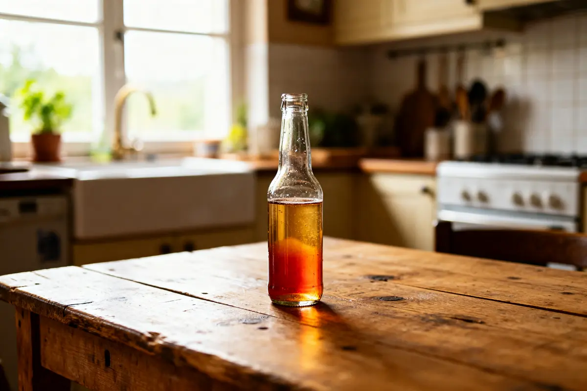 Bouteille de boisson de 33 cl en ml sur table en bois dans cuisine.